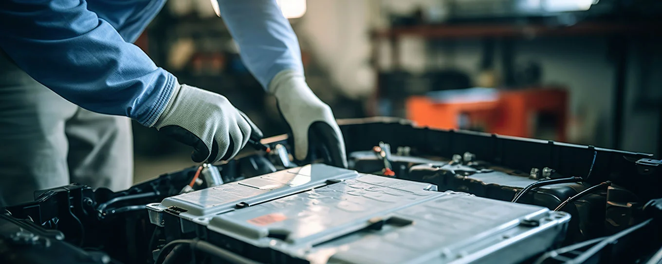 Ein Mechaniker arbeitet an einer Elektroauto-Batterie, während er verschiedene Komponenten überprüft und wartet.