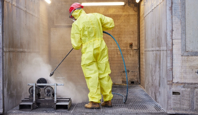Mitarbeiter bei der Hochdruck-Reinigung in der Industriereinigung