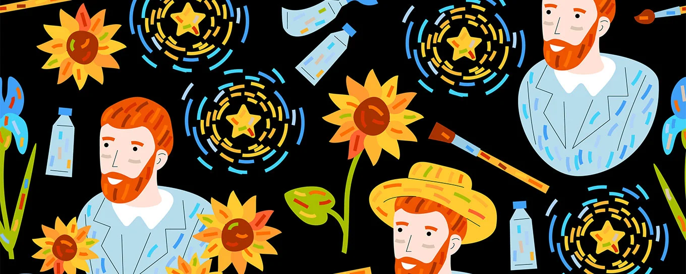 Illustration mit Sonnenblumen, Pinseln, Farbtuben und einem Mann mit roten Haaren und rotem Bart, der wie Vincent van Gogh aussieht