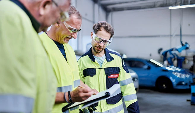 Mitarbeitende in der Werkstatt bei der Beratung