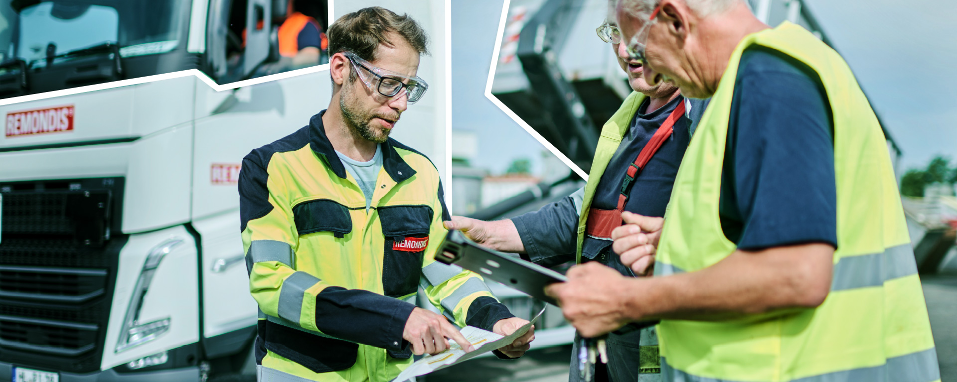 A waste management officer talking with two employees